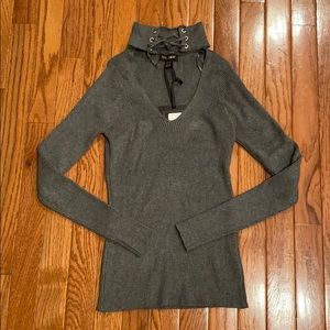 QED LONDON Sexy V-Neck, Lace-Up Turtleneck Top NWT